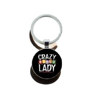 Silver metal keychain with round Crazy Bingo Lady pendant and colorful bingo ball graphics