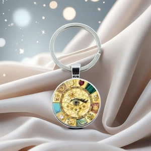 Makroaufnahme von silbernem Evil Eye Schlüsselanhänger auf elegantem Champagner-Seidenstoff