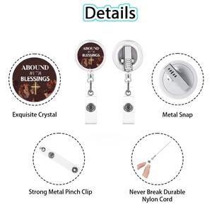 Detail view of the crystal surface, metal snap, and nylon rope on this retractable badge reel