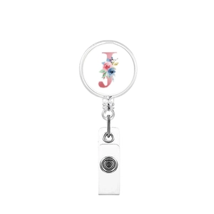 Detail view of Retractable Badge Reel featuring Floral Letter J design with clip