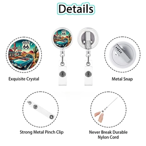 Detail view of Route 66 badge reel with retractable nylon cord and metal clip features