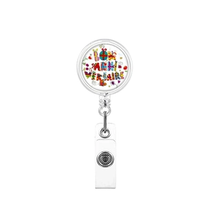 Detail of retractable badge holder with colorful Bon Anniversaire birthday design