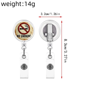 Retractable No Smoking ID badge holder with metal clip and dimensions specifications