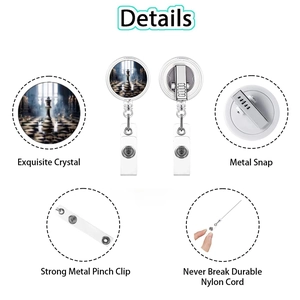 Detail of retractable badge reel with chess epoxy design and durable nylon cord
