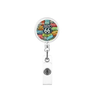 Retractable Route 66 badge reel with vintage license plate pattern and PVC strap