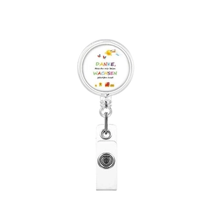 Retractable badge reel with rainbow print and German thank you message for nurses