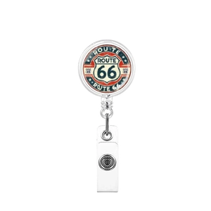 Retractable Route 66 badge reel with ABS epoxy cartoon print and metal belt clip