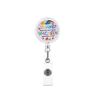 Retractable badge holder with German thank you text and colorful rainbow graphics