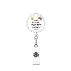 Detail of retractable ID badge holder with Spanish teacher quote and rainbow graphics