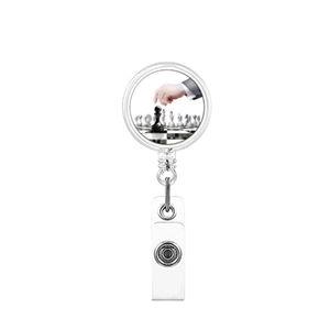 Retractable badge reel with a white round chess pattern design for ID cards and work badges