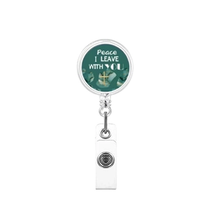 Retractable badge holder with green marble pattern and golden cross plus peace text