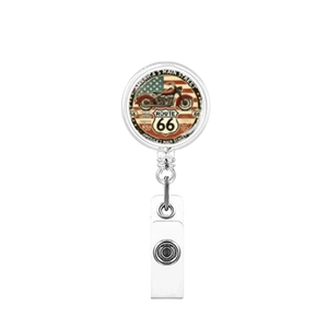Detailed view of Route 66 motorcycle badge reel with a retractable cord and metal clip