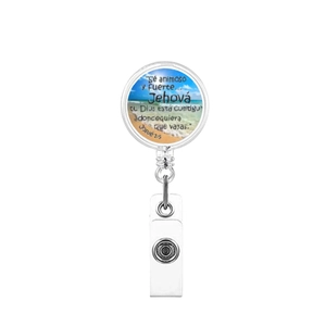 Detail of retractable badge holder with coastal design and Spanish Bible verse print