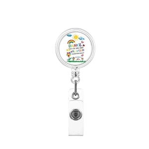 Detail of retractable ID badge reel with rainbow print and German gratitude text