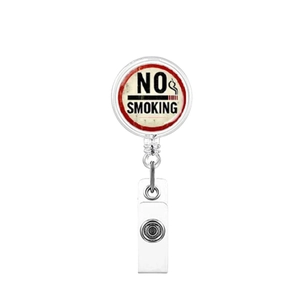 Detail of retractable badge holder with red no smoking sign and transparent strap