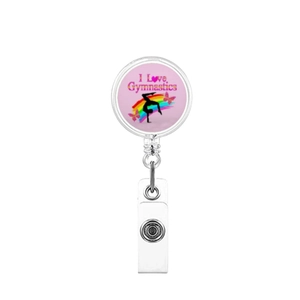 Dettaglio del porta badge retrattile per ginnastica con stampa a colori e cinturino in PVC