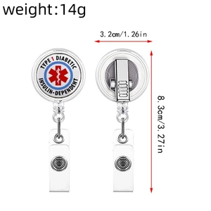 Retractable Type 1 Diabetic badge reel with belt clip and 1.26 inch diameter round design