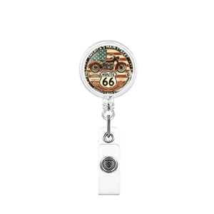 Detail of retractable Route 66 badge reel with American flag and vintage motorcycle design
