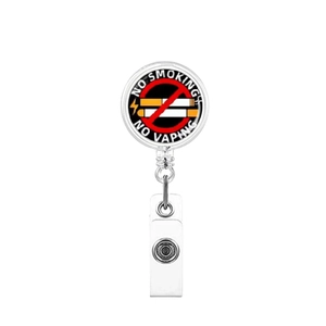 Detail of retractable badge holder with no smoking and no vaping logo on a white base