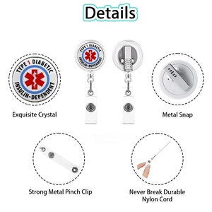 Detail of retractable badge reel with Type 1 Diabetic warning and medical cross logo