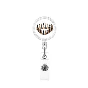 Detail of retractable badge reel with chess piece pattern and durable metal clip