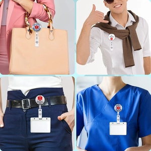 Retractable medical alert badge reel shown clipped to bags and nurse uniforms