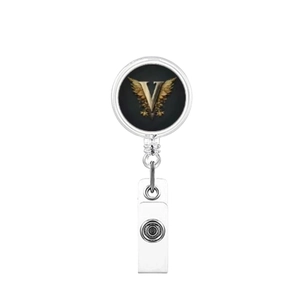 Detail of retractable badge reel featuring a gold winged letter V design on a black base
