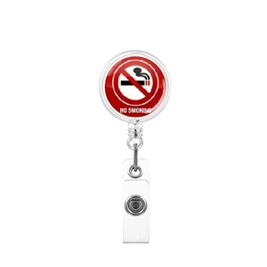 Detail of retractable badge reel featuring a red No Smoking sign and clear PVC card clip