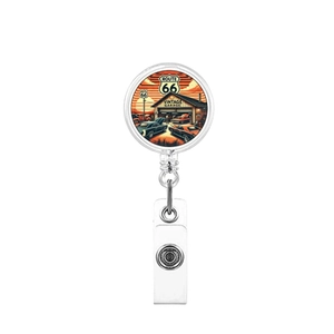 Detail of retractable badge reel with Route 66 vintage garage car theme and PVC strap