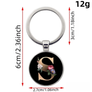 Floral letter S time gem keychain pendant with gold alphabet and pink flowers on black base
