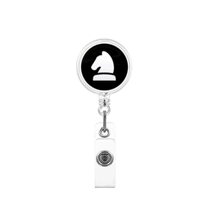Detail of retractable badge reel featuring a white chess knight icon on black background