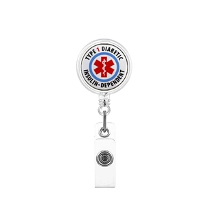 Close-up of retractable badge reel with Type 1 Diabetic and Insulin-Dependent marking