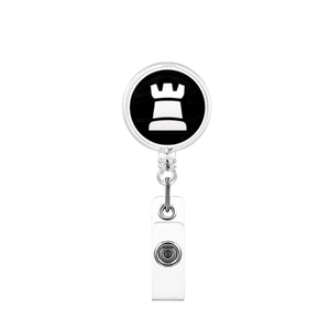 Detail of retractable badge reel with black rook chess print and durable PVC strap
