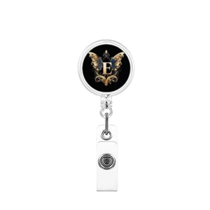 Close-up of retractable badge reel with black butterfly design and gold letter E print