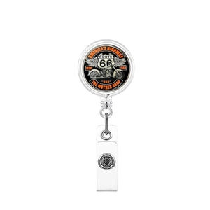 Detail view of retractable Route 66 badge holder with vintage American motor theme