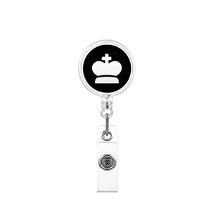 Detail showing retractable badge reel with black chess king crown logo and metal frame