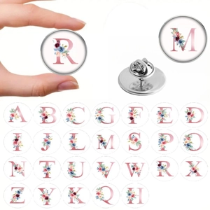 Stainless Steel Glass Gem Initial Flower Brooch Round Floral Alphabet Letter Badge Pin Butterfly Clutch Jewelry Gift