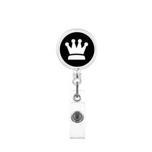 Detail view of chess crown badge reel with retractable cord and durable PVC strap