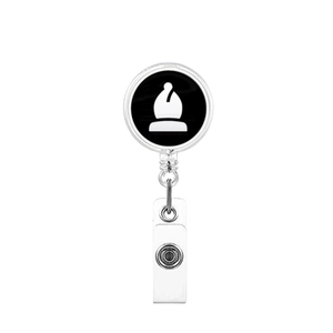 Detail view of chess bishop badge reel with retractable cord and PVC strap on white background