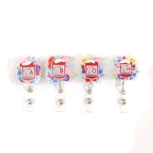Retractable Badge Reel Acrylic Blood Bag Floral Design ID Card Holder With Clip For Nurses Doctors Medical Accessories