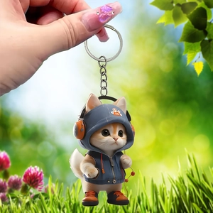 Porte-clés chat orange mignon avec sweat à capuche bleu pour décor de voiture