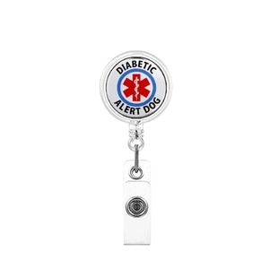 Macro detail of retractable badge reel with Diabetic Alert Dog medical star symbol