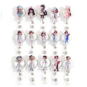 Variety of cute acrylic retractable nurse badge reels with 15 cartoon medical character designs