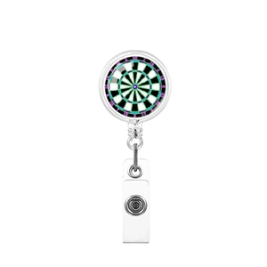 Détail de l'enrouleur de badge rétractable avec motif cible et lanière en PVC