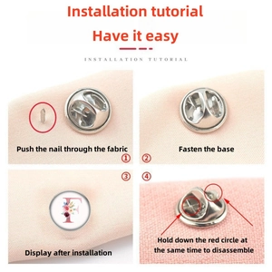 Macro view showing the installation and removal steps of the floral letter brooch pin
