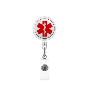 Detail of retractable badge reel with medical Star of Life logo and durable PVC strap