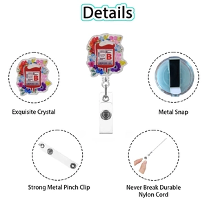 Detail view of acrylic blood bag retractable badge holder with floral design and metal clip