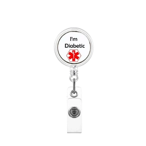 Close-up of retractable badge reel with I'm Diabetic text and medical star logo