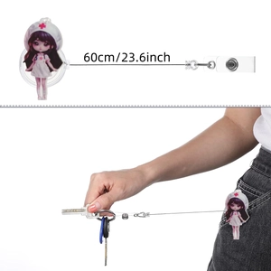 Retractable acrylic badge holder with cute nurse cartoon design and 60cm steel wire extension
