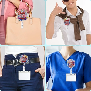 Detailed views of retractable acrylic blood bag badge reels clipped to nursing uniforms